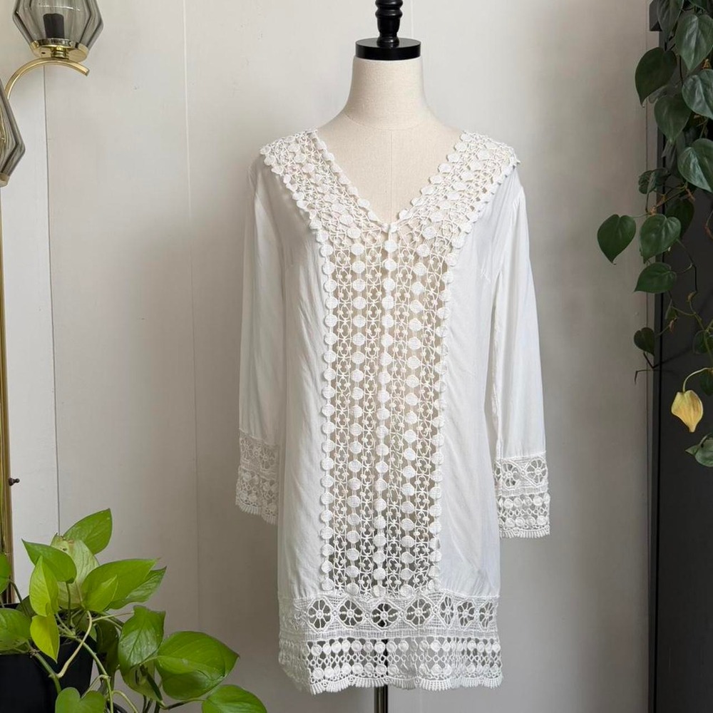Solitaire Swim White Crochet Boho Tunic Swim Cover Up V-Neck 3/4 Sleeve Medium